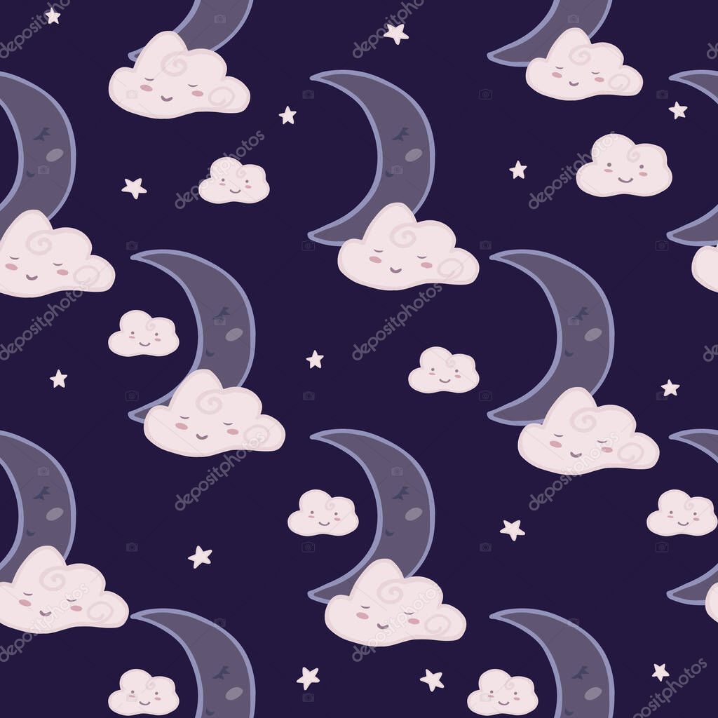 Seamless pattern with cute sleeping cloud sky and moon. Design for baby fabric, textile print, wrapping paper, cover, packing. Doodle vector illustration.