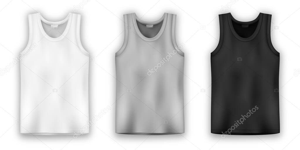 Set of tank top in white, gray and black colors. Men vest underwear. Isolated sleeveless male sport shirts or men top apparel. Blank templates of t-shirt. Casual style. Vector illustration