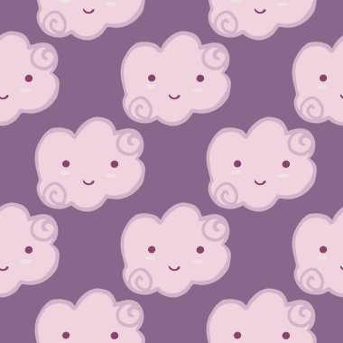 Leylak arka planında gülen bulutsuz gökyüzü deseni. Bebek kumaşı, tekstil baskısı, ambalaj kağıdı, kapak, paketleme için tasarım. Doodle biçim vektör illüstrasyonu.