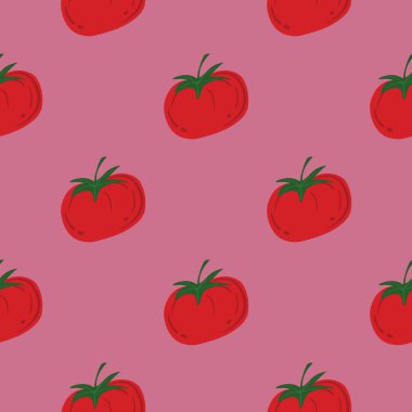 Olgun domatesli kusursuz desen. Kırmızı domates. Organik sebze duvar kağıdı. Tekstil baskısı, ambalaj kağıdı, mutfak tekstili, kapak tasarımı. Vektör illüstrasyonu