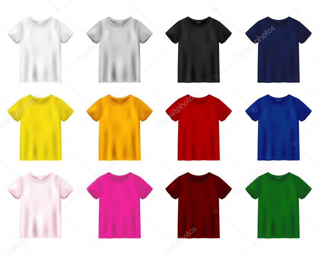 Set of t-shirt mockup isolated on white background. Unisex tee template. Black, red, blue, yellow, pink, orange, grey, green, white and brown version tee in realistic style. Vector illustration