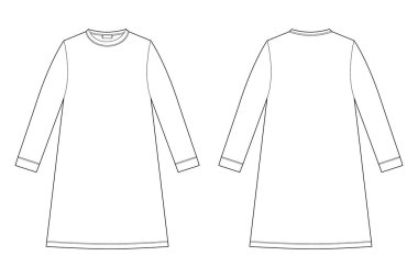 Gecelik teknik çizimi. Kadın için pamuk kimyası. Gecelik vektör çizimi. Arka ve ön manzara. Paketleme, moda kataloğu için tasarım