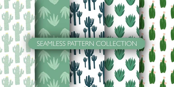 Set Simple Geometric Cactus Seamless Pattern Collection Cacti Exotic Sketch — Stock Vector