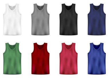Beyaz, gri, siyah, mavi, yeşil ve kırmızı renkli kolsuz bluzlar. Erkekler iç çamaşırı giyer. İzole edilmiş kolsuz erkek spor gömlekleri ya da erkek üst giysisi. Boş tişört şablonları. Vektör illüstrasyonu