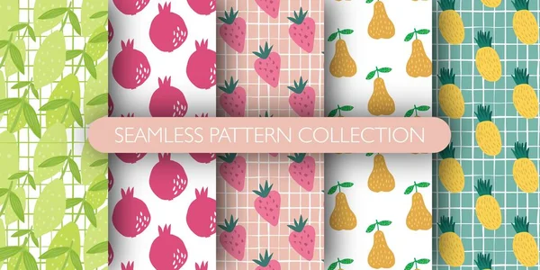 Set Fruits Seamless Pattern Collection Patterns Lemon Leaves Pomegranate Strawberry — Stock Vector