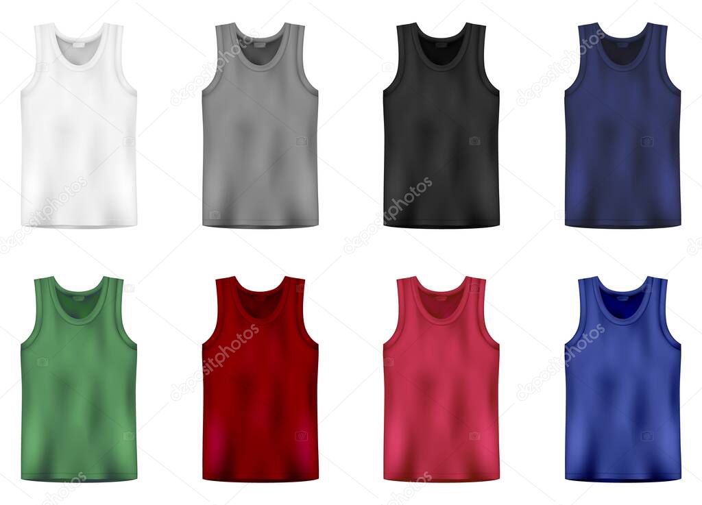Set of tank top in white, gray,black, blue, green and red colors. Men vest underwear. Isolated sleeveless male sport shirts or men top apparel. Blank templates of t-shirt. Vector illustration