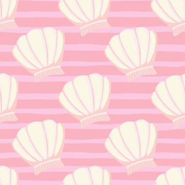 Çizgili arka planda soyut deniz kabukları kusursuz desen. Geometrik deniz kabuğu sonsuz duvar kağıdı. Kumaş, tekstil baskısı, ambalaj kağıdı, kapak tasarımı. Vintage vektör illüstrasyonu