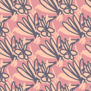 Karalamalı çiçek deseni. El çizimi, bitmeyen bir duvar kağıdı. Kumaş tasarımı için dekoratif zemin, tekstil baskısı, ambalaj kağıdı, kapak. Vektör illüstrasyonu