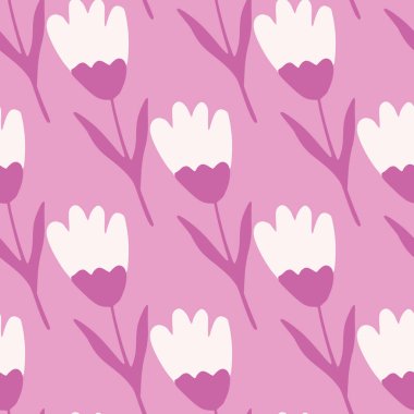 Pembe lale pürüzsüz desen, basit bir şekilde. Soyut çiçek arkaplanı. Şirin bir çiçek duvar kağıdı. Kumaş, tekstil baskısı, ambalaj kağıdı, kapak tasarımı. Vektör illüstrasyonu