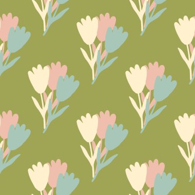 Yeşil arka planda soyut çiçek buketi deseni. Geometrik bitmeyen duvar kağıdı. Kumaş tasarımı için dekoratif zemin, tekstil baskısı, ambalaj kağıdı, kapak. Vektör illüstrasyonu