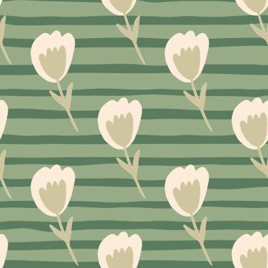 Soyut lale çiçekleri yeşil arka planda kusursuz desen. Küçük, bitmeyen bir duvar kağıdı. Çiçek arkaplanı. Kumaş, tekstil baskısı, ambalaj kağıdı, kapak tasarımı. Vektör illüstrasyonu