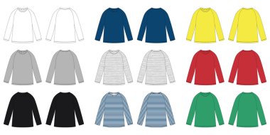 Çocuk vektörü teknik taslak Raglan sweatshirt 'ü. KIds izole bir jumper tasarım şablonu giyer. Beyaz, gri, siyah, mavi, sarı, kırmızı, yeşil renkler. Melanj ve çizgili kumaş. Ön ve arka görünüm