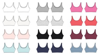 Tecrit edilmiş kızlar için bir sütyen çizimi. Yoga iç çamaşırı tasarımı. Beyaz, gri, siyah, mavi, süt, pembe, kırmızı, renk karışımı ve çizgili kumaş. Ön ve arka vektör çizimi