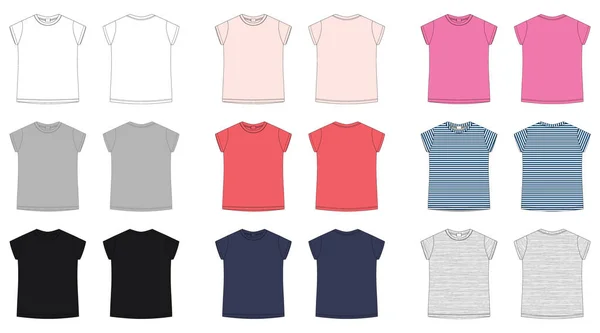 子供技術スケッチティーシャツ Tシャツの空白のテンプレートベクトルイラストを隔離 グレー ピンク 色のメランジュとストライプ生地 前後に カジュアルスタイル — ストックベクタ