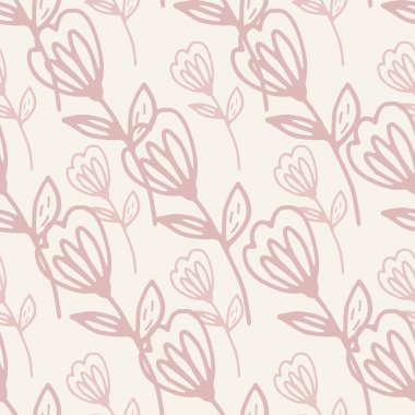 Güzel hatları olan, dikişsiz çiçek deseni. Ditsy çiçekli arka plan. Saf sanat. Bitmeyen duvar kağıtlarını karala. Kumaş tasarımı için dekoratif zemin, tekstil baskısı, ambalaj kağıdı. Vektör illüstrasyonu