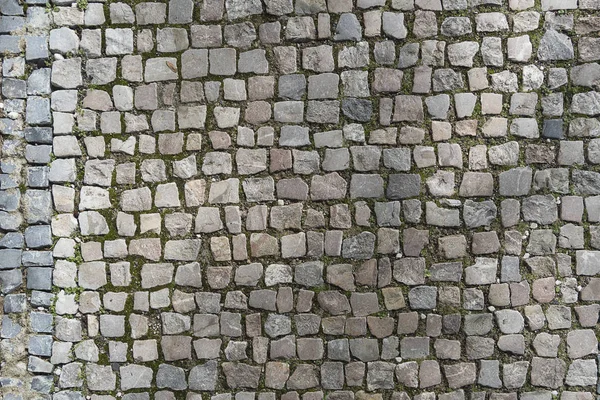 European granite cobblestone pavement with different stones. Gray stone background, textured pedestrian pavement, road in Europe. — Stock Photo, Image
