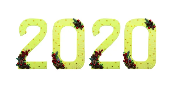 Golden numbers 2020 happy new year on a white isolated background. Designer background for decoration. With Christmas tree branches, red balls, a beautiful Christmas decoration. — Stock Photo, Image