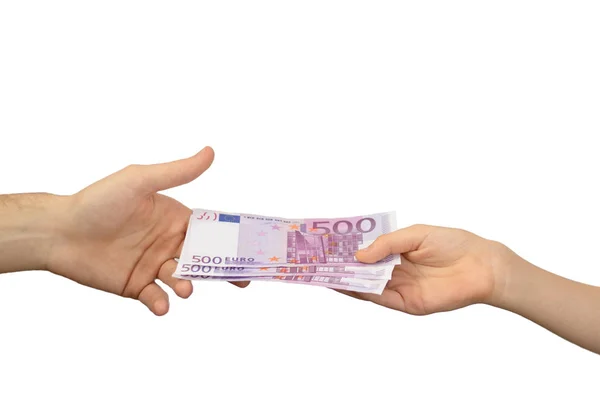 Yetişkin biri çocuk kağıdına para öder. Miras transferi ya da küçük işçiler için ödeme kavramı. 500 Euro 'luk banknotlarla Avrupa para birimi. 500 dolar. Beyazlar tarafından elden ele para transferi. Beyaz bir arkaplanda izole edilmiş.