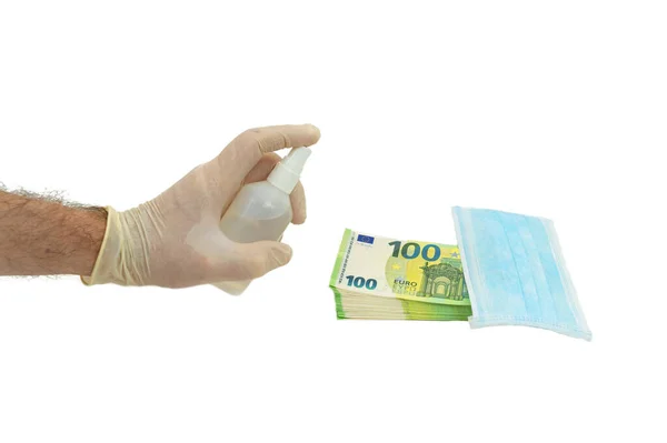 Ręka Białej Rękawiczce Obsługuje Antyseptycznymi Banknotami Sto 100 Euro Obok — Zdjęcie stockowe