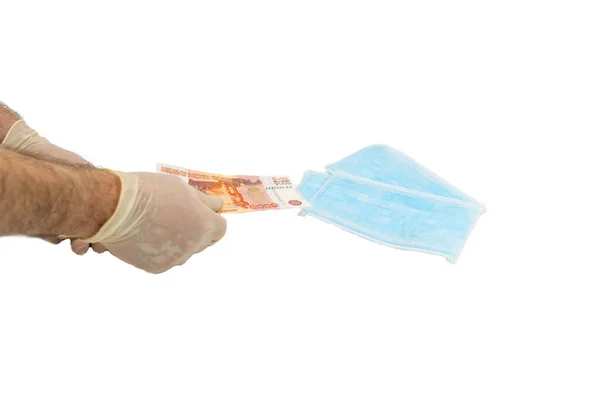 Dos Manos Guantes Protectores Blancos Compran Paquete Máscaras Médicas Azules —  Fotos de Stock