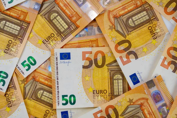 Les Billets Cinquante Euros Sont Dispersés Manière Chaotique Monnaie Européenne — Photo
