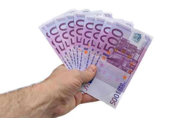 Fan 500 Five Hundred Euros Hand European Man Holds Fan — Stock Photo, Image