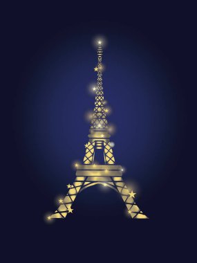 Geceleri parlayan altın Eyfel Kulesi Paris siluet vektör. . Koyu mavi zemin üzerine Fransız Simgesel Yapı.