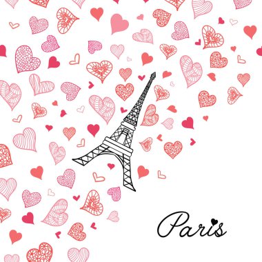 Vektör Eifel Kulesi Paris tebrik kartı St Sevgililer günü ile patlama pembe aşk kırmızı kalpler. Mükemmel seyahat temalı kartpostallar, parti, düğün davetiyeleri.