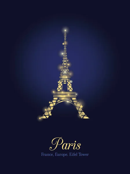 Vektor golden glühender Eiffelturm in der Silhouette von Paris bei Nacht. . französisches Wahrzeichen auf dunkelblauem Hintergrund. — Stockvektor