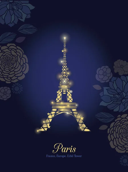 Vector Golden Glowing Tour Eiffel entourée de fleurs à Paris Silhouette La nuit. . Repère français sur fond bleu foncé . — Image vectorielle