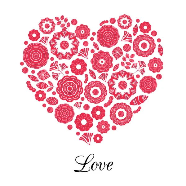 Fiori vettoriali rossi disposti a forma di cuore. Ghirlanda di fiori di campo, Perfetto per biglietti di San Valentino, invito, disegni . — Vettoriale Stock