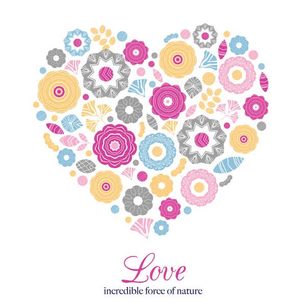 Colorful vector flowers arranged in a shape of heart. Wildflowers  wreath, Perfect for Valentines Day cards, invitation, designs. — Stock Vector