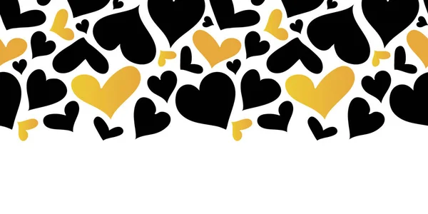 Vector goud en zwarte harten horizontale naadloze patroon grens. Valentijnsdag romantisch achtergrond. — Stockvector