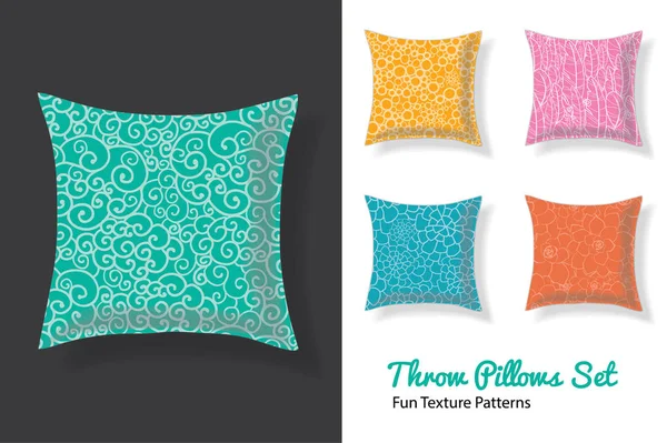 Set Of Throw Pillows In Matching Unique Natural Doodle Seamless Patterns. Square Shape. Editable Vector Template. — Stock Vector