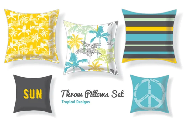 Tropische Palmen werfen Kissen in passenden, pastellfarbenen Mustern und Designs. quadratische Form. editierbare Vektorvorlage. — Stockvektor