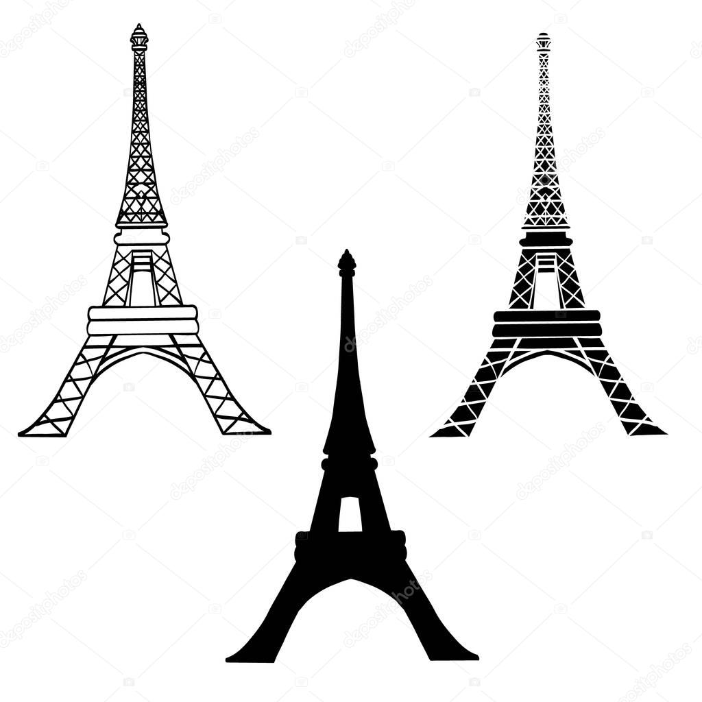 Vector Set Of 3 Black Eiffel Towers in Paris Silhouette In Different Styles. . French Landmark On White Background.