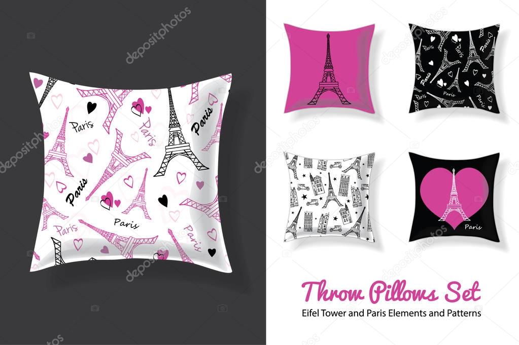 Set Of Vector Throw Pillows In Matching Unique Eifel Tower, Paris Prints and Repeat Patterns. Square Shape. Editable Templates.