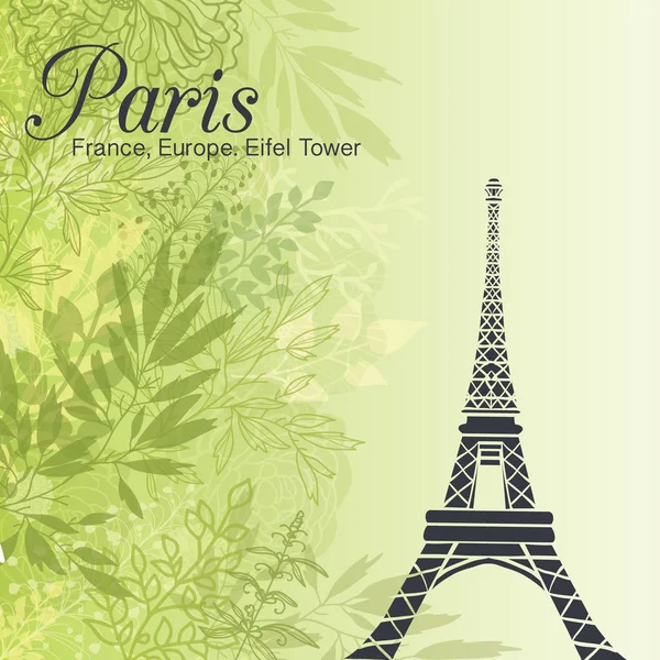 Vector Paris Eifel Tower On Green Leaves Spring Background. Ottimo per viaggiare in Francia Card, Poster, Invito alla festa . — Vettoriale Stock