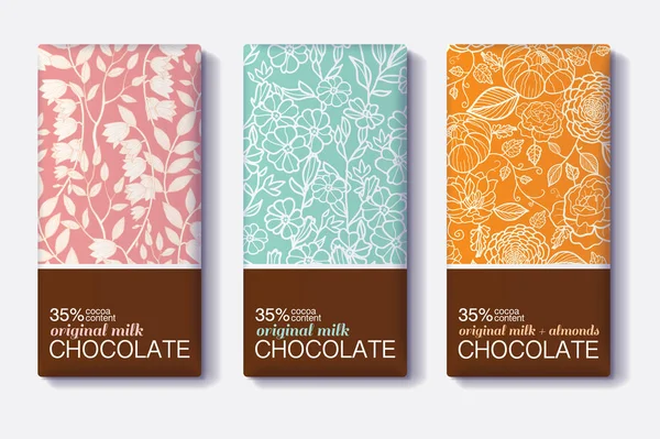 Conjunto de vetores de projetos de pacotes de barras de chocolate com padrões florais vintage. Leite, escuro, amêndoa. Coleção de modelo de embalagem editável . — Vetor de Stock