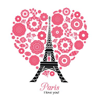 Vektör Paris Eifel Kulesi ile St Sevgililer günü kırmızı patlama kalpleri sevgi. Mükemmel seyahat temalı kartpostallar, tebrik kartları, düğün davetiyeleri.