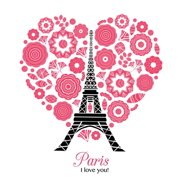 Vector Paris Eifel Tower Bursting With St Valentines Day Red Hearts Of Love. Perfect for travel themed postcards, greeting cards, wedding invitations. — Stock Vector