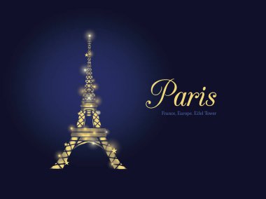 Vektör altın parlayan Eifel kulesinde gece Paris siluet. Koyu mavi yatay arka plan üzerinde Fransız Simgesel Yapı.