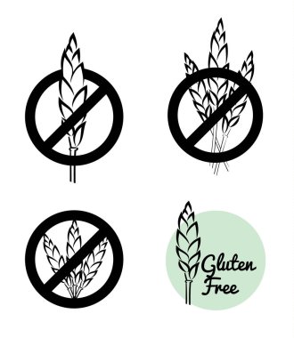 Yasaklı buğday ile dört Gluten ücretsiz simgeler vektör kümesi simgesini tasarımlar başları. Büyük gıda ambalajlama için.