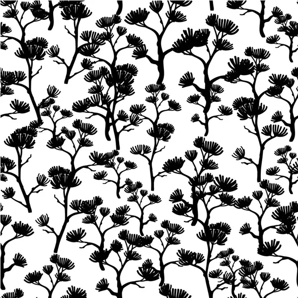 Arbres asiatiques vectoriels noirs et blancs Kimono fond sans couture motif. Idéal pour élégant tissu de texture grise, cartes, invitations de mariage, papier peint . — Image vectorielle