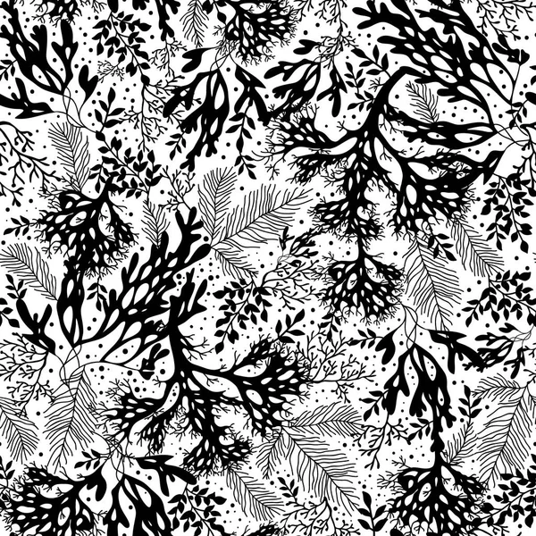 Vector preto e branco Seaweed textura sem costura padrão fundo. Ótimo para tecido cinza elegante, cartões, convites de casamento, papel de parede . — Vetor de Stock