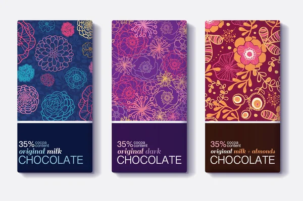 Conjunto de vetores de projetos de pacotes de barras de chocolate com padrões florais coloridos. Leite, escuro, amêndoa. Coleção de modelo de embalagem editável . — Vetor de Stock