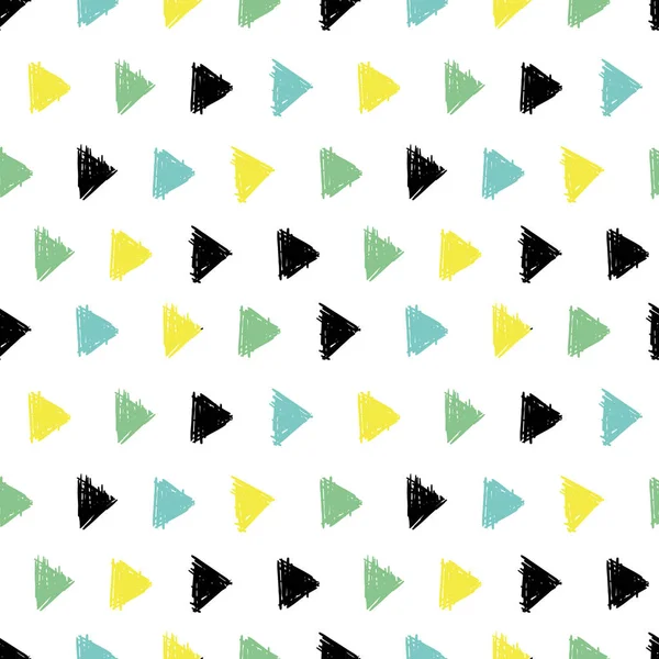 Vetor abstrato mão desenhada preto, verde, tinta amarela setas geométricas triângulos padrão com círculos divertidos. Ótimo para tecido vintage, cartões, convites, roupas, embalagens, scrapbooking, papel de parede . — Vetor de Stock