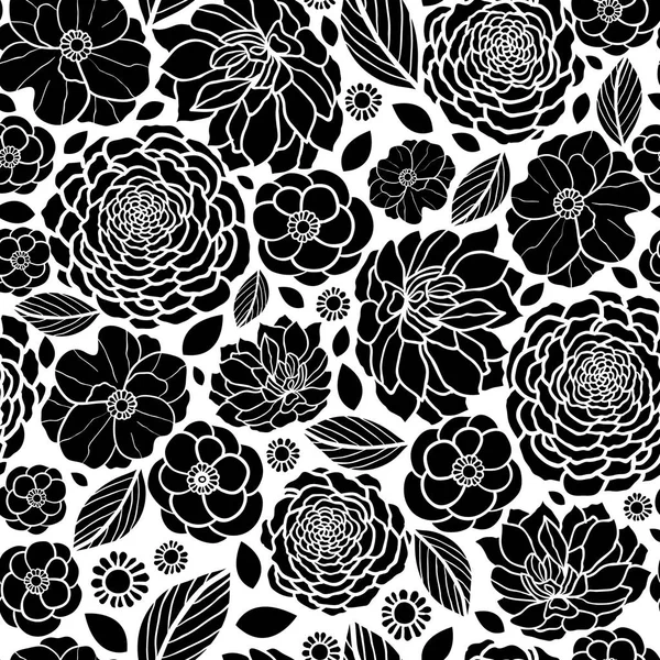 Vetor preto e branco mosaico flores sem costura repetir padrão de fundo Design. Ótimo para convites de casamento elegantes, aniversário, embalagem, tecido, papel de parede . — Vetor de Stock