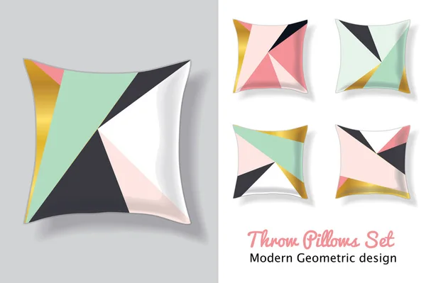 Set Of Pink and Mint Green Throw Pillows In Matching Unique Modern Abstract Geometric Triangles Patterns. Square Shape. Editable Vector Template. — Stock Vector