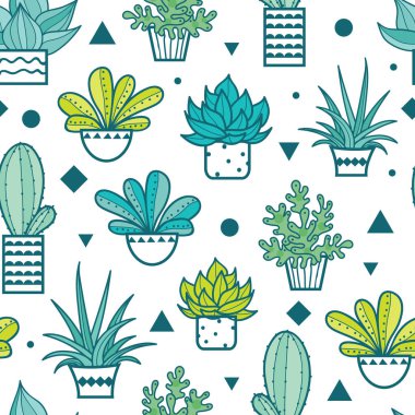 Vektör büyüyen Succulents ve kaktüsler tencere ile mavi yeşil Seamless yineleme modeli. Tekstil, kumaş, ambalaj, zemin, duvar kağıdı için trendy tropikal tasarım.